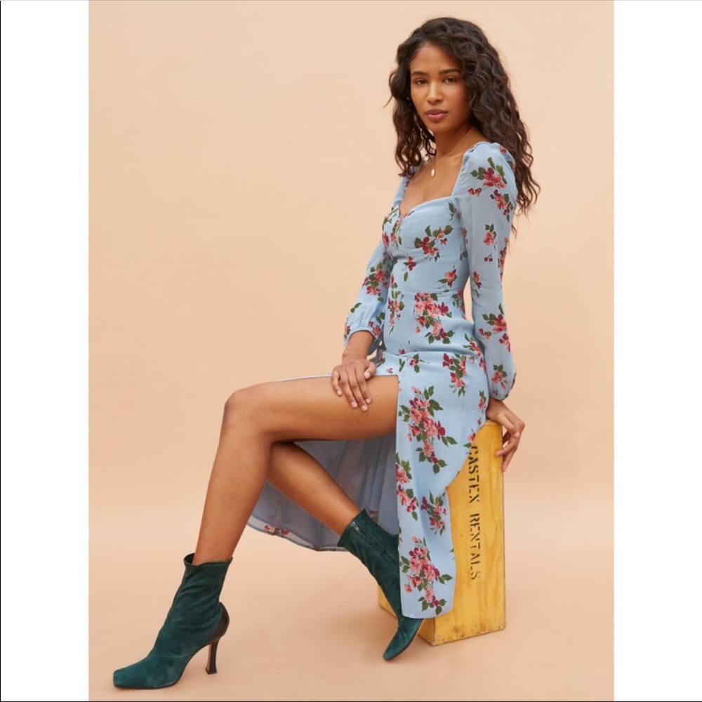 Reformation Shelby Bustier Floral Smocked High Slit Blue Midi Dress 8